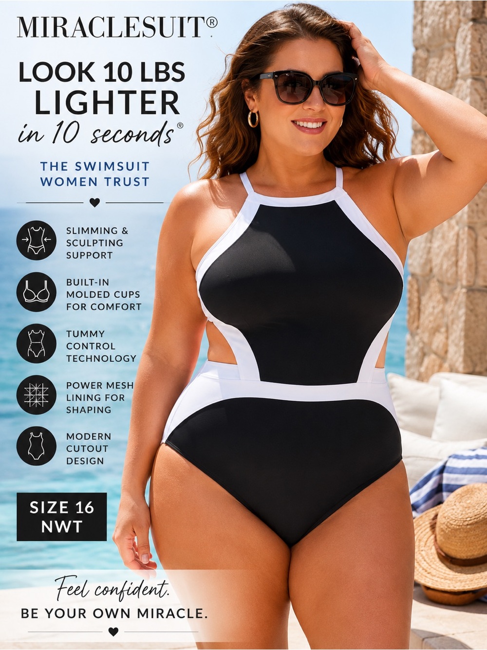 Miraclesuit NWT Size 16 Colorblock Cutout Tummy Control One Piece